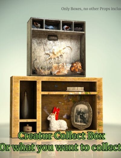 6 Months In: Common Genesis 9 Rendering Challenges & Solutions 3 Rustic wooden curio display boxes with compartments for shells, bottles, and collectibles