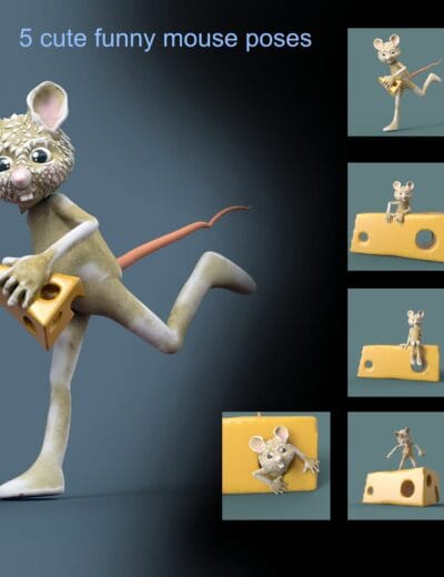 Cute Funny Mouse Poses With Cheese Cute 3D cartoon mouse poses with Swiss cheese on blue background