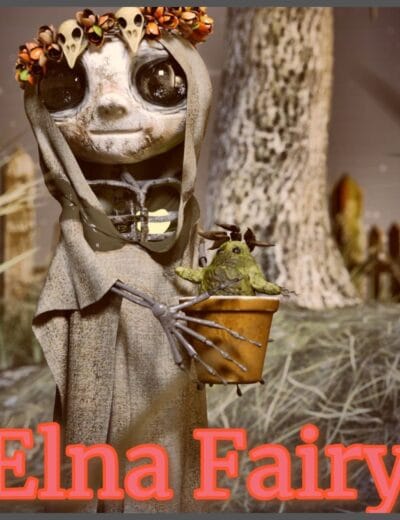 Elna Fairy with skull wreath holding potted plant pet in enchanted forest