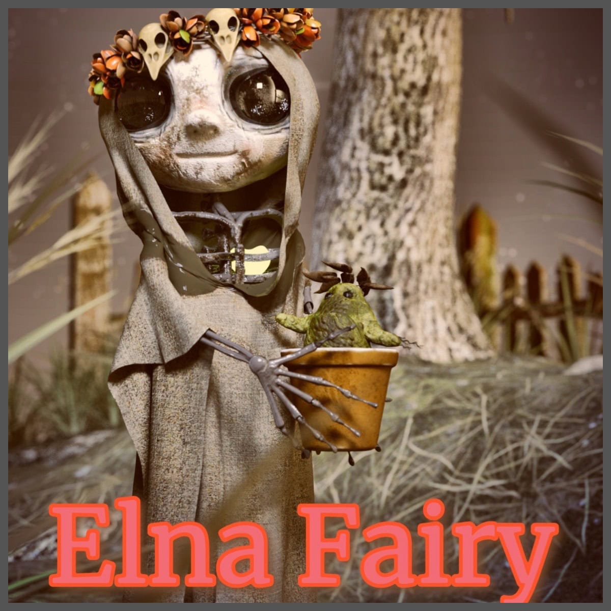 Elna Fairy with skull wreath holding potted plant pet in enchanted forest