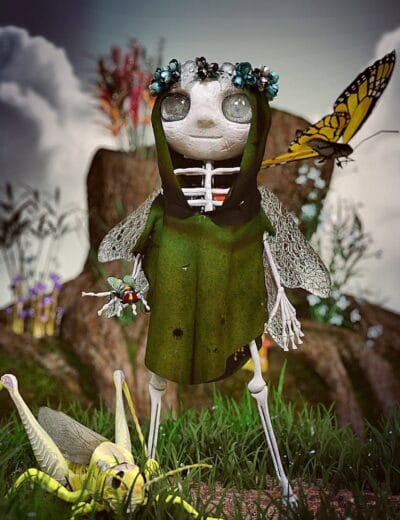 Whimsical skeletal fairy with dragonfly wings, butterfly, and grasshopper in wildflower meadow