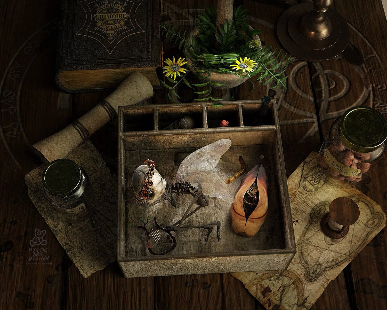 Elna Fairy 7 Occult fairy skeleton specimen in wooden box with grimoire and herbs