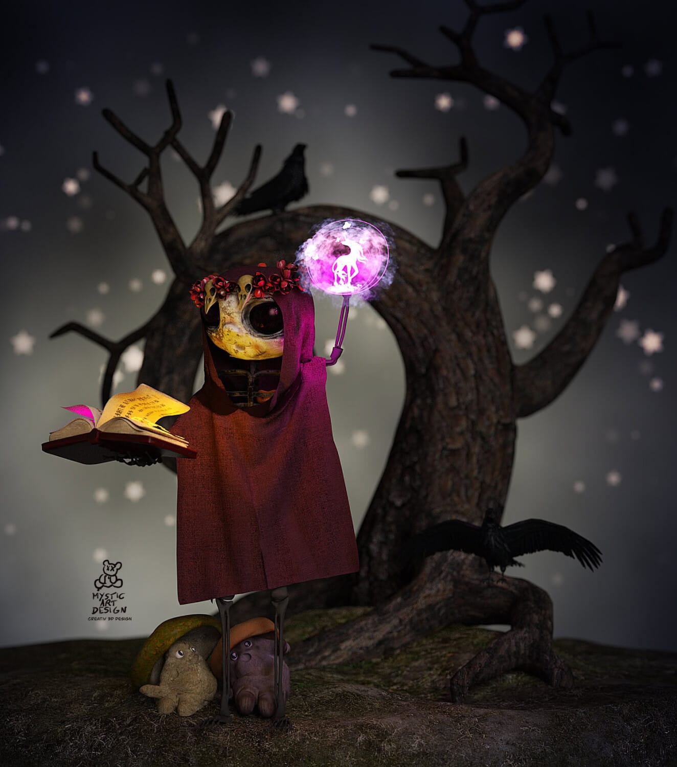 Elna Fairy 5 Hooded fairy sorcerer casting magic spell with glowing orb and book in fantasy forest