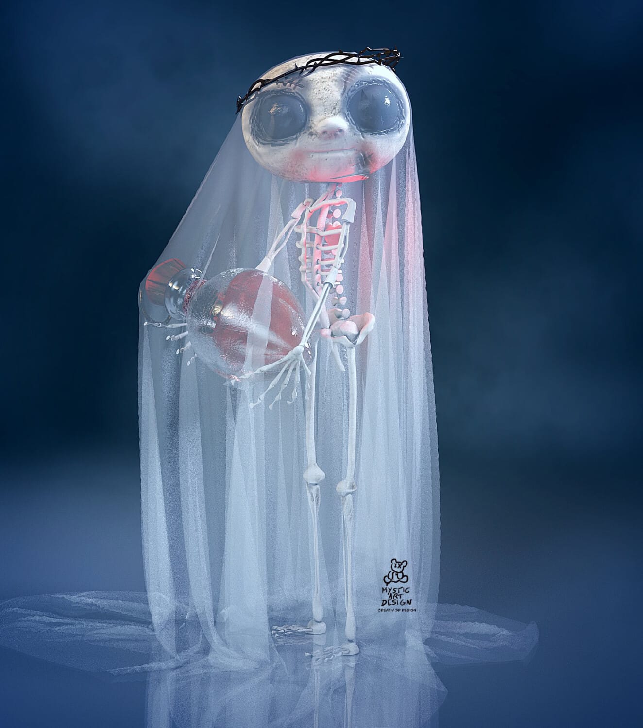 Elna Fairy 3 Gothic skeleton fairy in white veil holding glowing heart