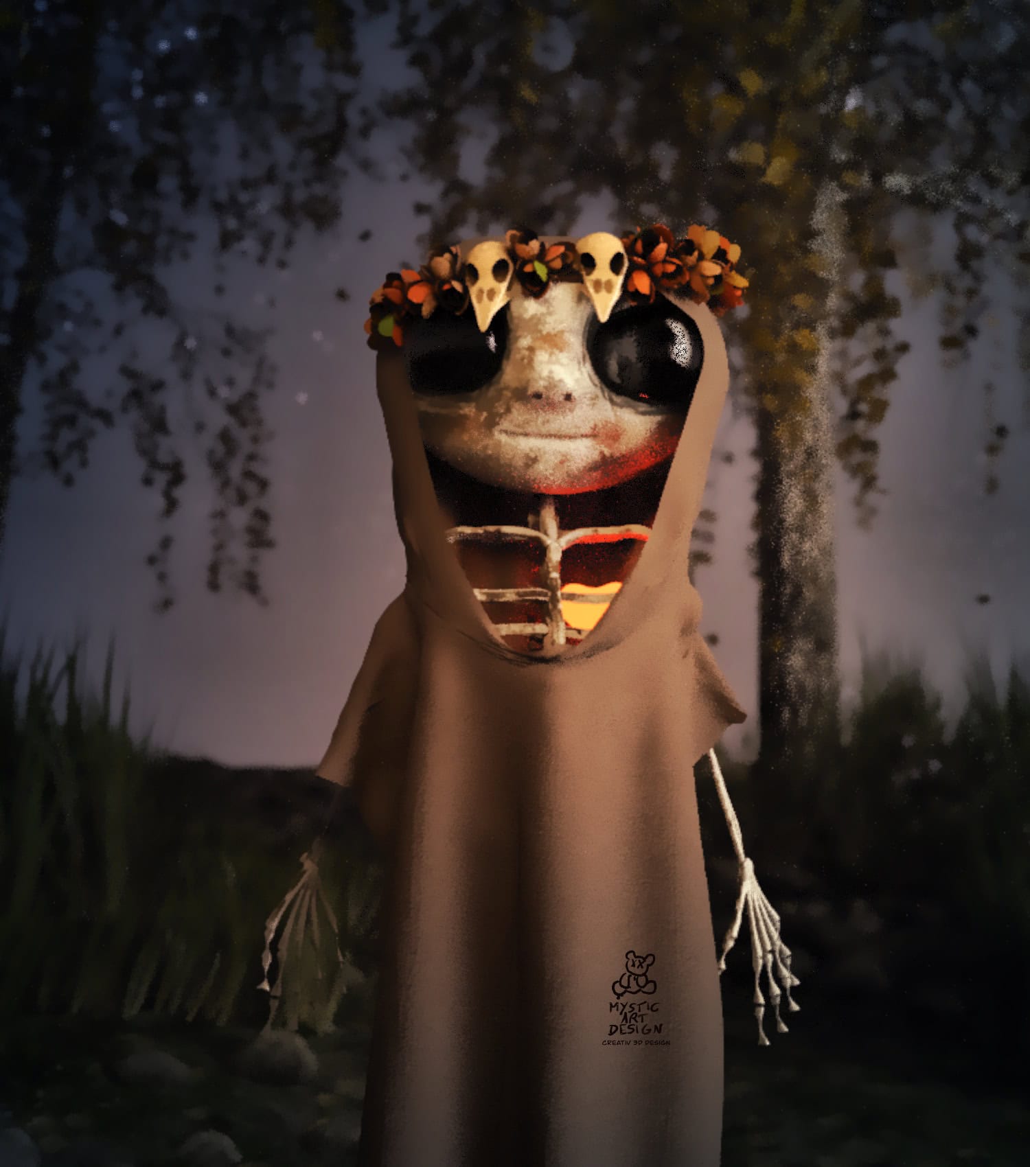 Elna Fairy 4 Eerie fantasy fairy doll with skull flower crown and glowing ribs in twilight forest