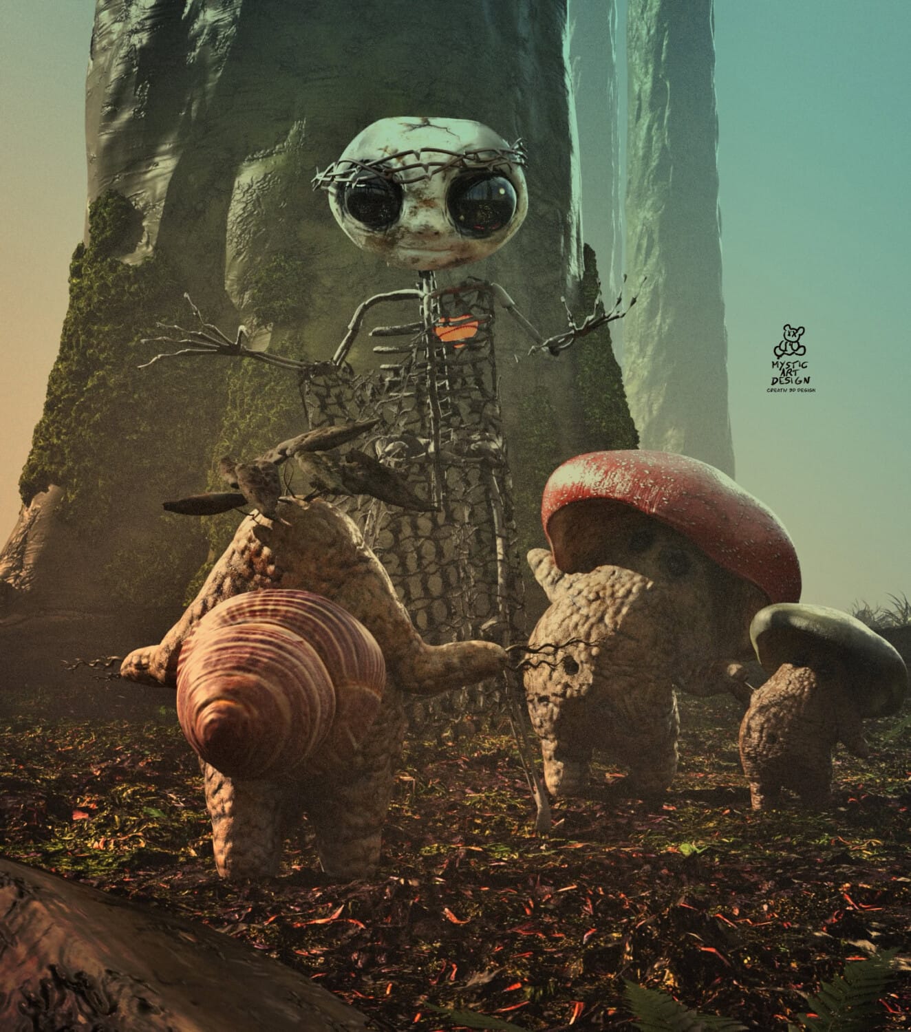 Elna Fairy 6 Fantasy mushroom creatures and twig spirit in an enchanted forest