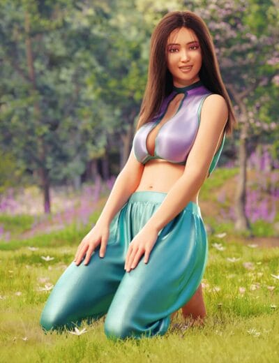 6 Months In: Common Genesis 9 Rendering Challenges & Solutions 3 3D fantasy woman kneeling in sunlit wildflower meadow wearing lavender top and teal pants