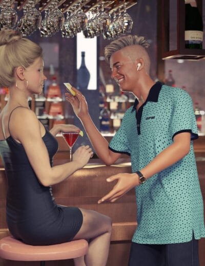 Man shows phone to blonde woman holding red cocktail at stylish bar