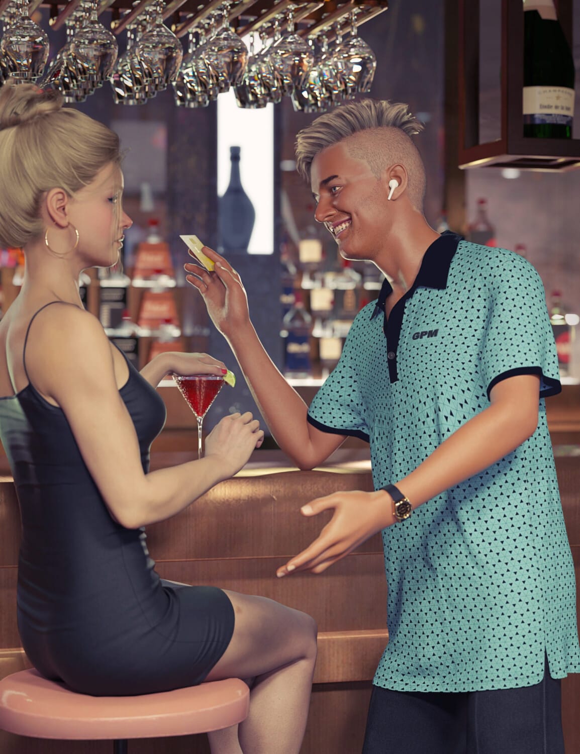 Versatile dForce Casual Shirt for Genesis 9 – Unisex Morphs 2 Man shows phone to blonde woman holding red cocktail at stylish bar