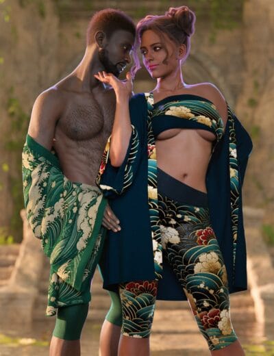 Stylish couple wearing Japanese wave robes at golden hour near vine-covered ruins