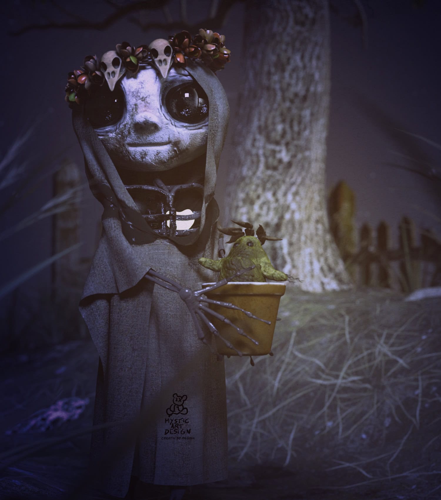 Elna Fairy 2 Gothic fairy with skull flower crown holding a mandrake in a misty graveyard