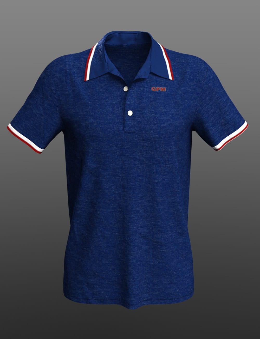 Versatile dForce Casual Shirt for Genesis 9 – Unisex Morphs 5 Navy Genesis 9 polo shirt with striped collar, cuffs, white buttons, and red GPM logo