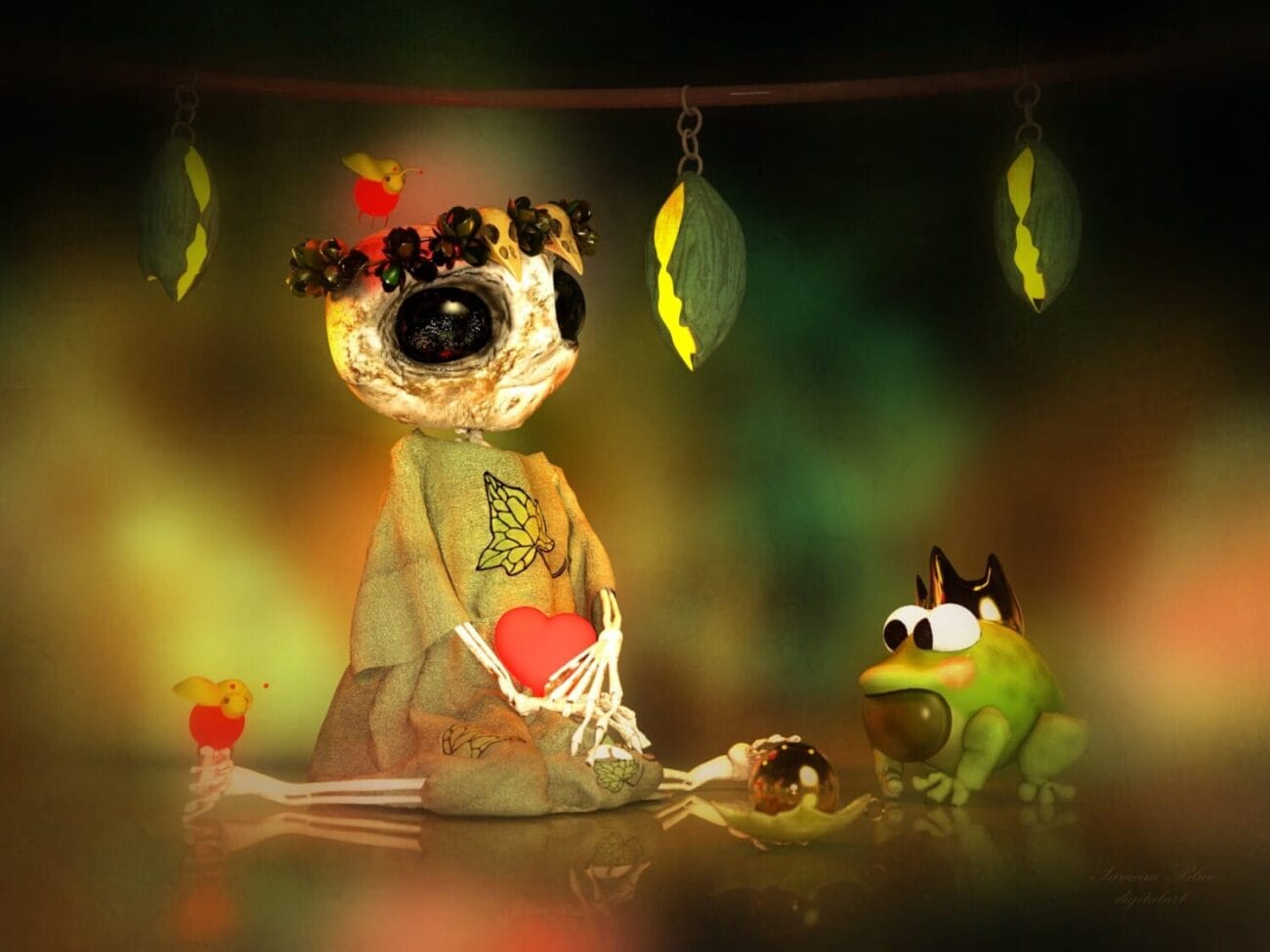 Skeleton fairy holding red heart beside curious frog in glowing enchanted forest.