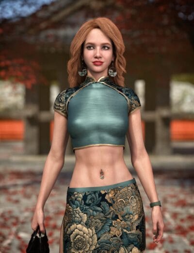 3D-rendered woman wearing teal floral fashion in an autumn temple courtyard