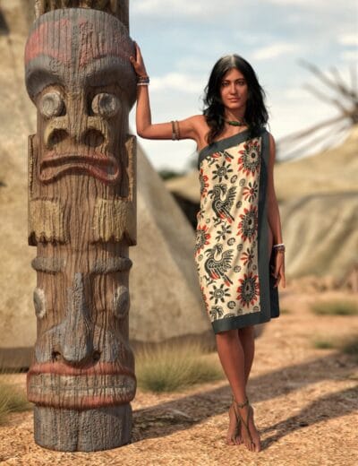 Woman wearing Amuzgo-inspired dress beside weathered totem pole in desert village