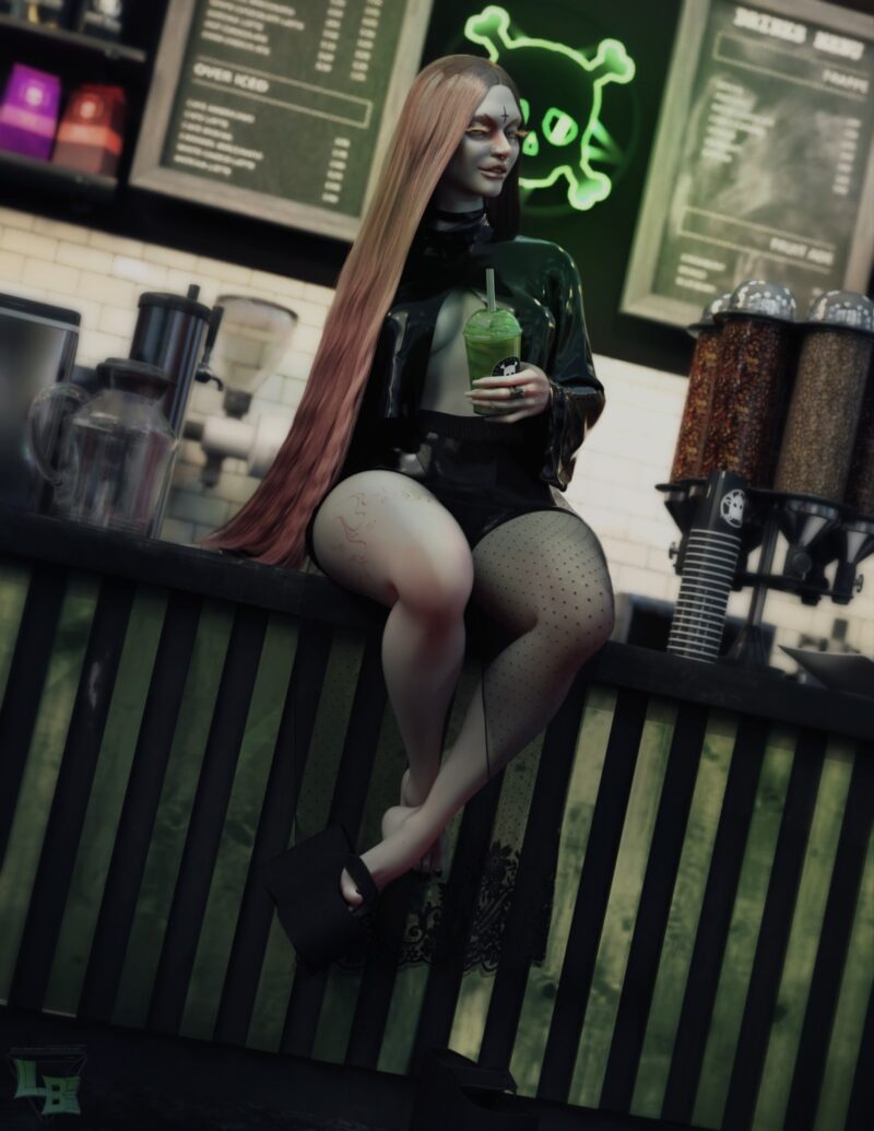 Promo image of model sitting on counter top holding a cup in her left hand