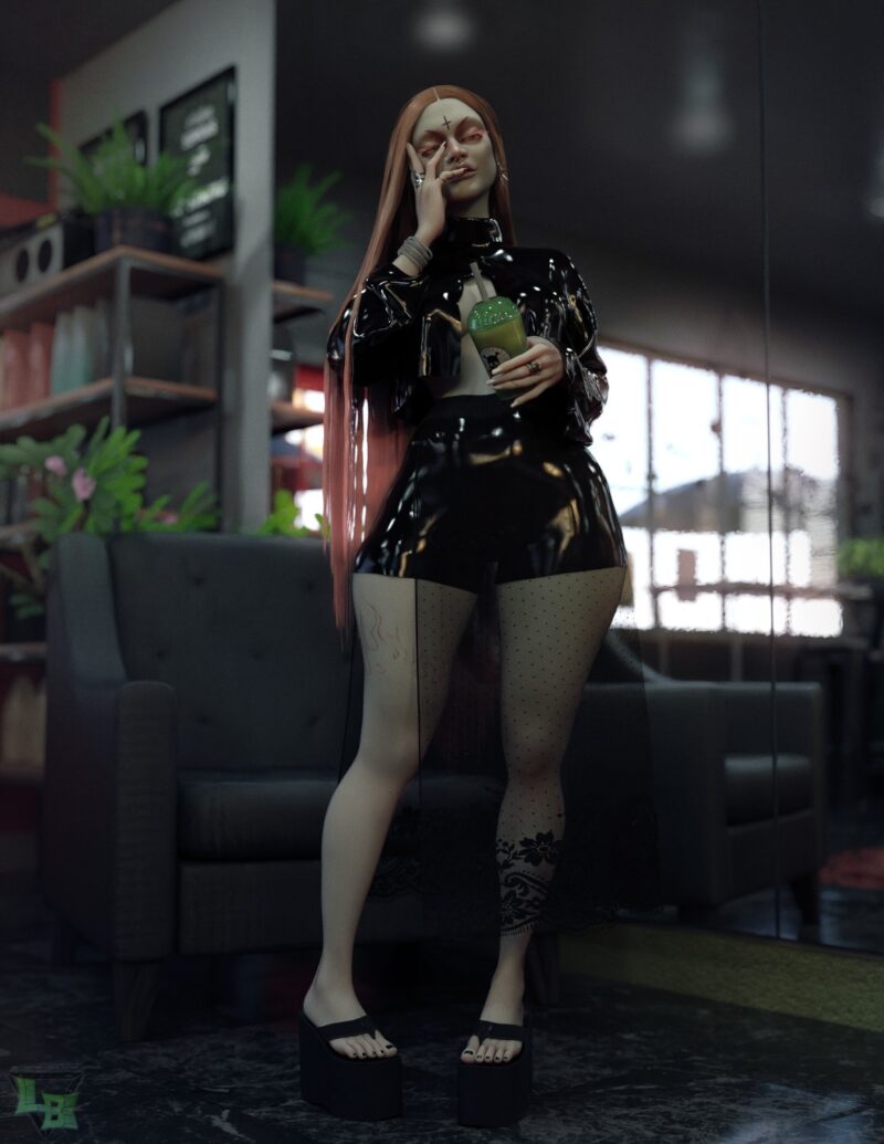 Image shows a model in shiny, black shorts and top with long, strawberry blonde hair in Pose 06 standing in front of a dark chair and a large mirror reflecting a blurry coffee shop beside her.