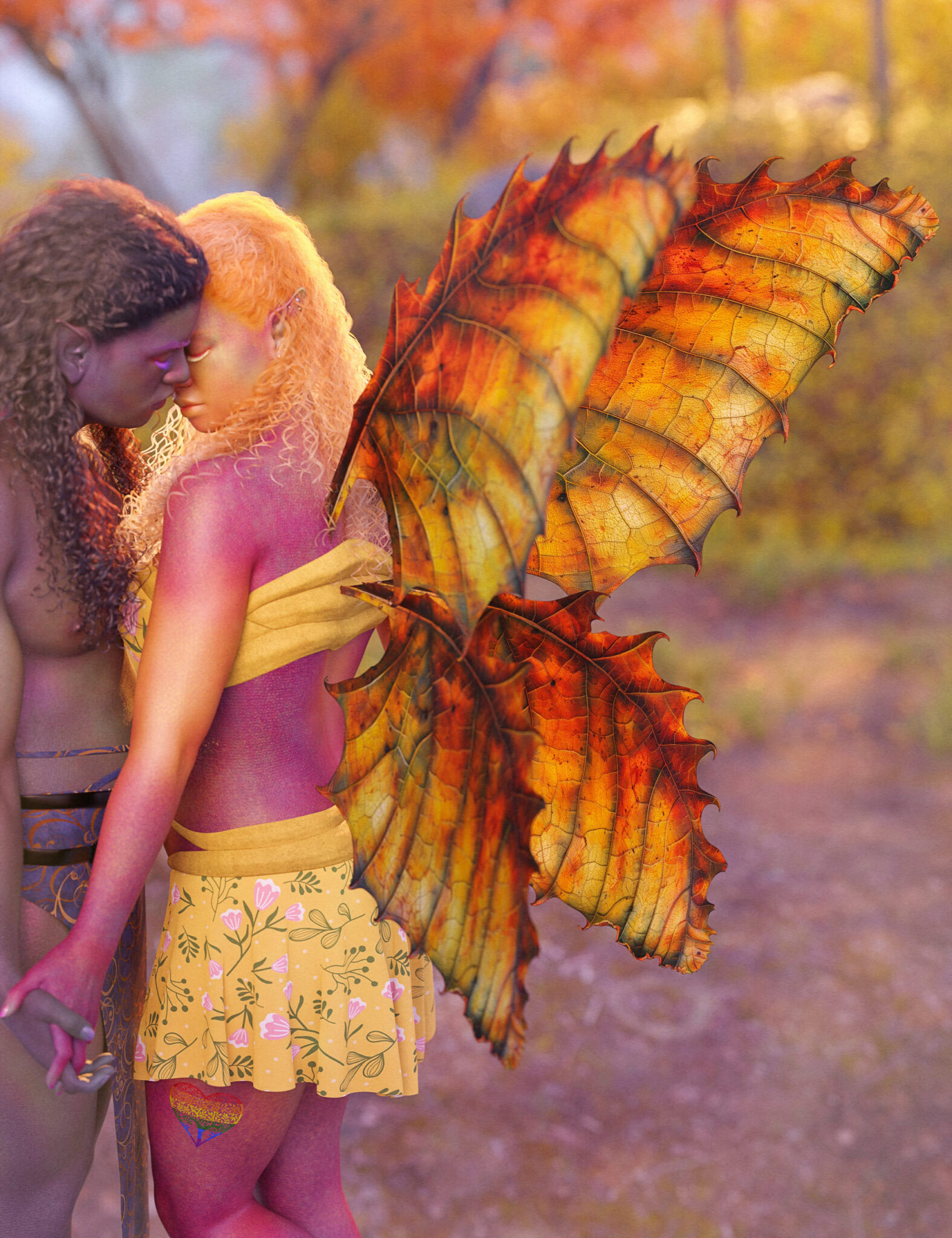 Romantic autumn fae lovers with leaf wings in a glowing fantasy forest