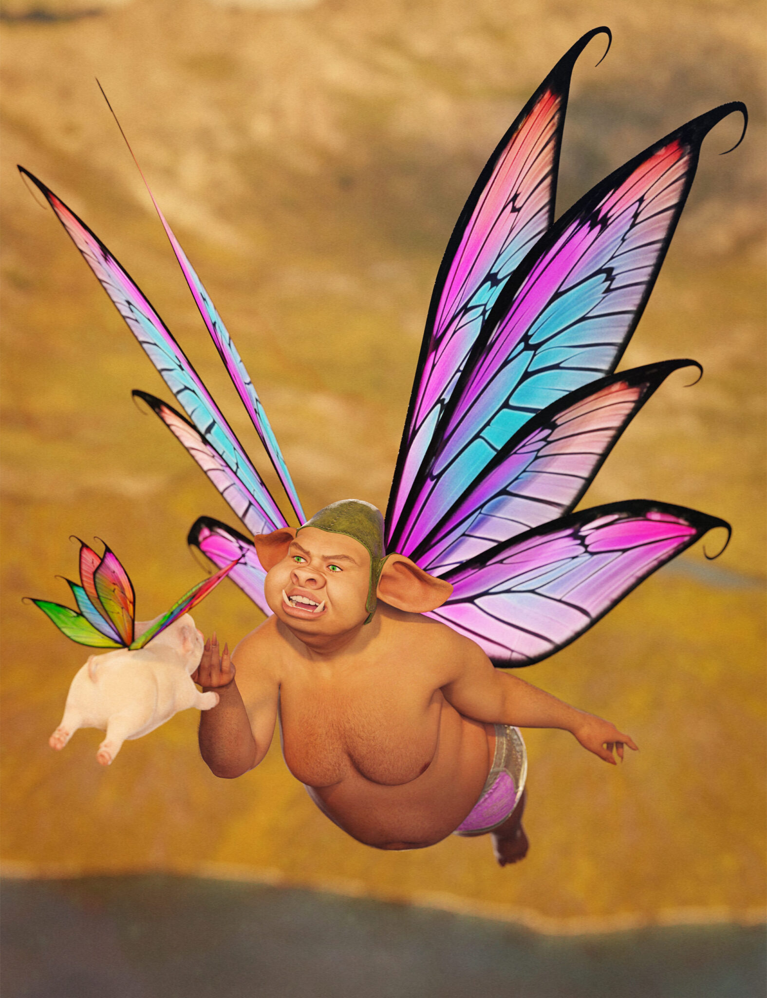 Flying pig man with iridescent butterfly wings beside a winged piglet.