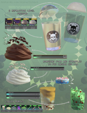 Image shows examples of the cup refraction settings, morph styles of sprinkle and foam props, and the 3 styles of morphs for the tea liquid prop.