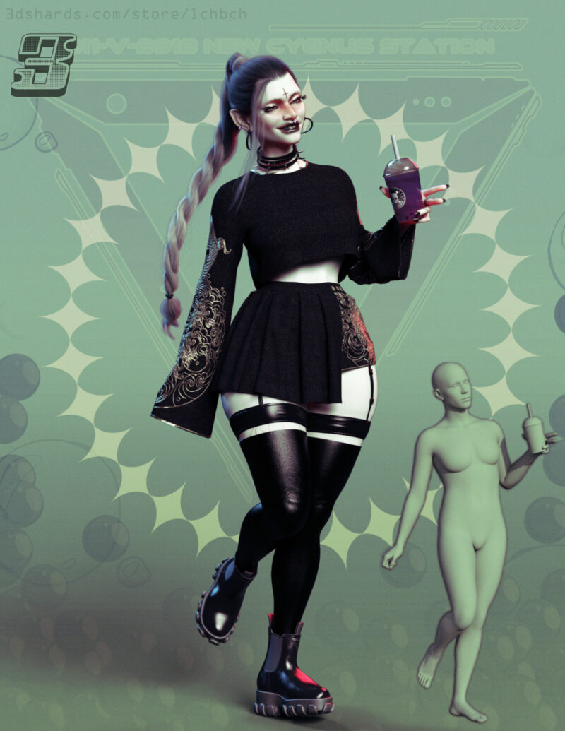 Image shows a model in black clothing walking to the left, she is smiling and pointing with index and middle finger of her left hand, which also holds a cup, in the same direction.