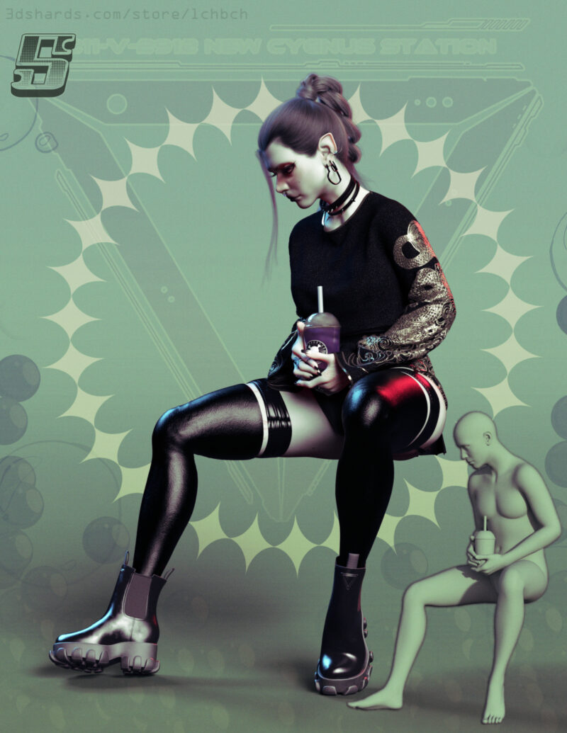 Image shows a model in black clothing seated with her legs spread and right leg partially extended. Her hands are cradling a cup in her lap as she looks down.