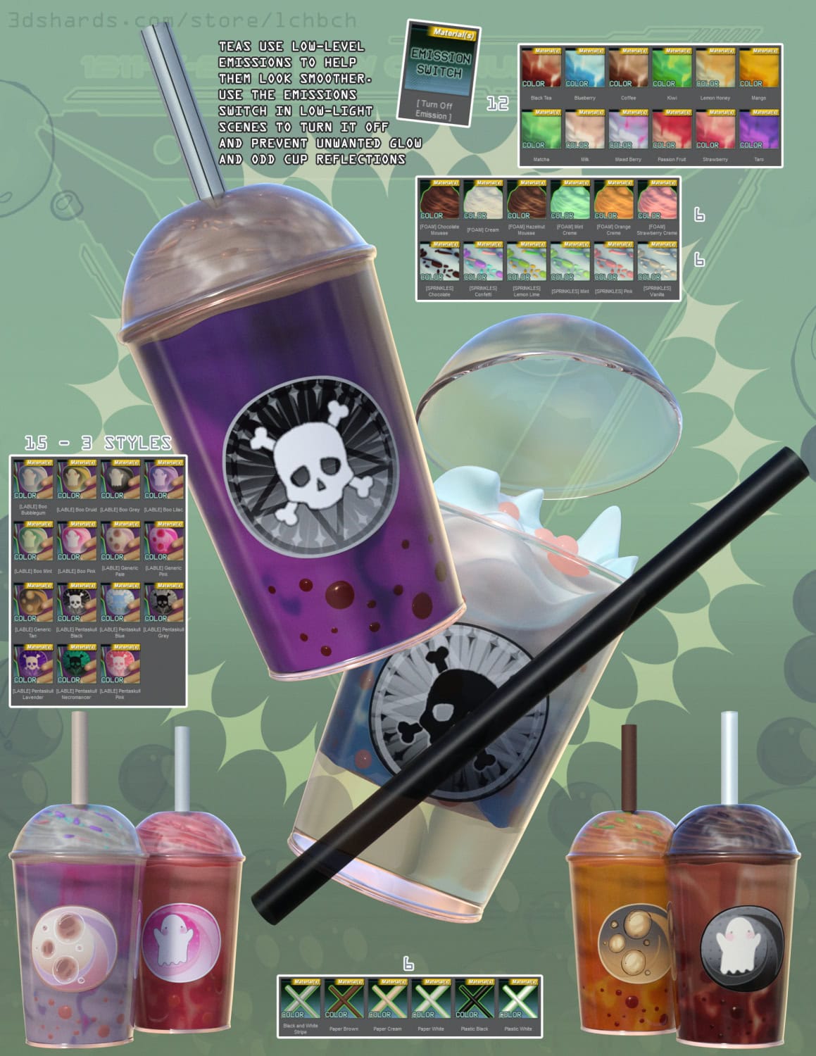 Tea Time Poses & Props for G9 2 Spooky 3D boba tea cups with skull, ghost, straw, and Halloween color variations