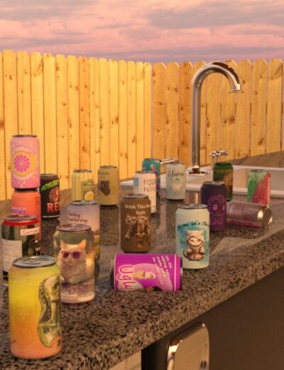 Colorful soda cans on an outdoor granite patio counter at sunset