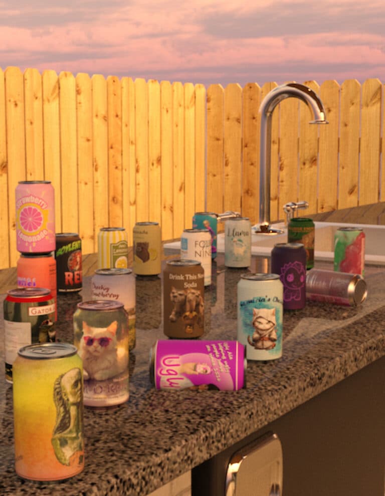 Colorful soda cans on an outdoor granite patio counter at sunset