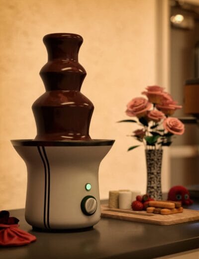 Daz choco fountain prop with strawberries, wafers, biscuits, and pink roses.