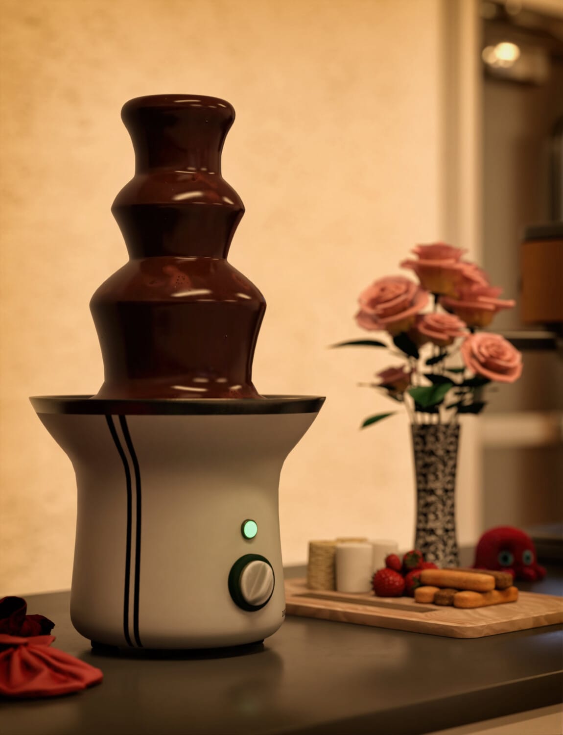 Choco Fountain 1 Daz choco fountain prop with strawberries, wafers, biscuits, and pink roses.