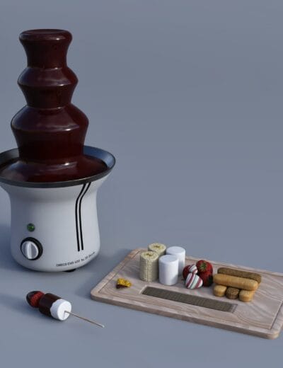 Daz choco fountain props with chocolate fountain and sweet dippers on wooden board