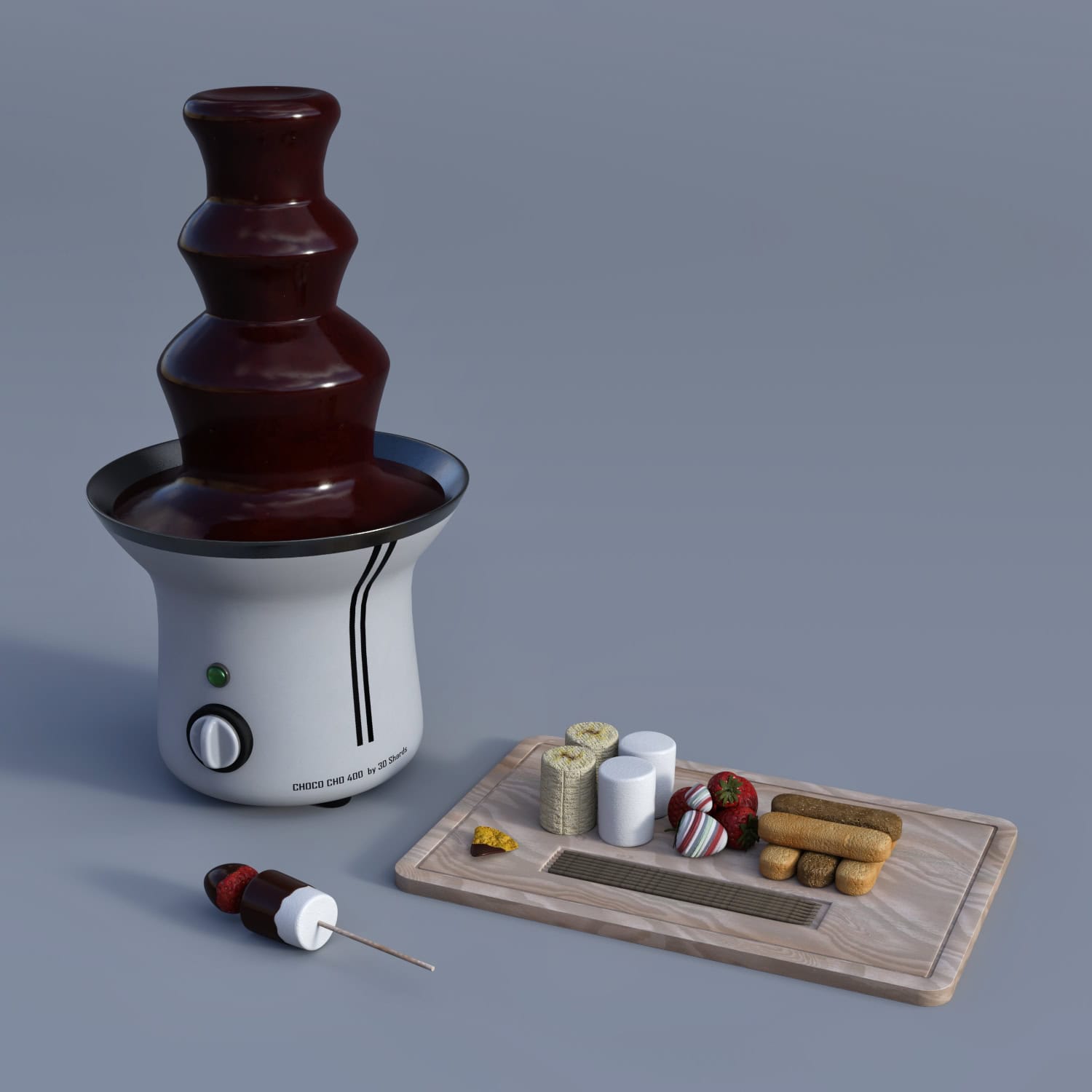Choco Fountain 2 Daz choco fountain props with chocolate fountain and sweet dippers on wooden board