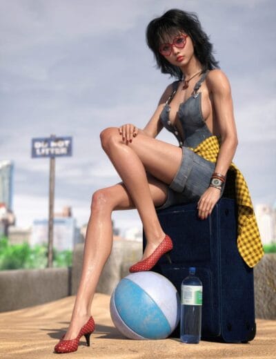 Stylish woman in denim sitting on suitcase with red polka dot heels