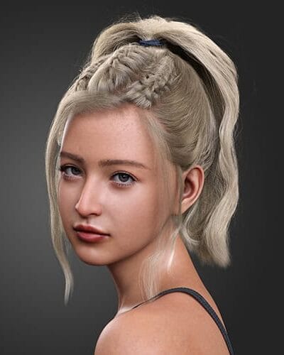 On Sale Products 8 Realistic 3D blonde female character portrait with braided ponytail and blue-gray eyes