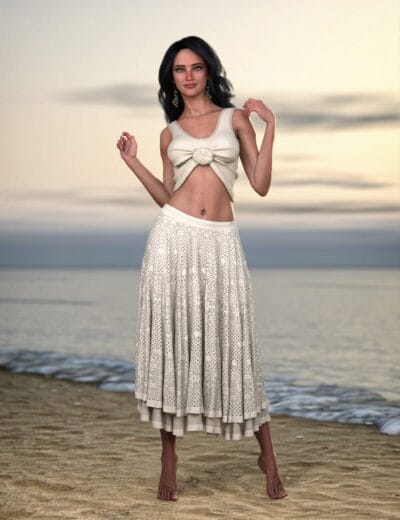 dForce Frances Beach Outfit on Sunset Shore Daz Studio dForce Frances Beach Outfit model posing on sunset beach