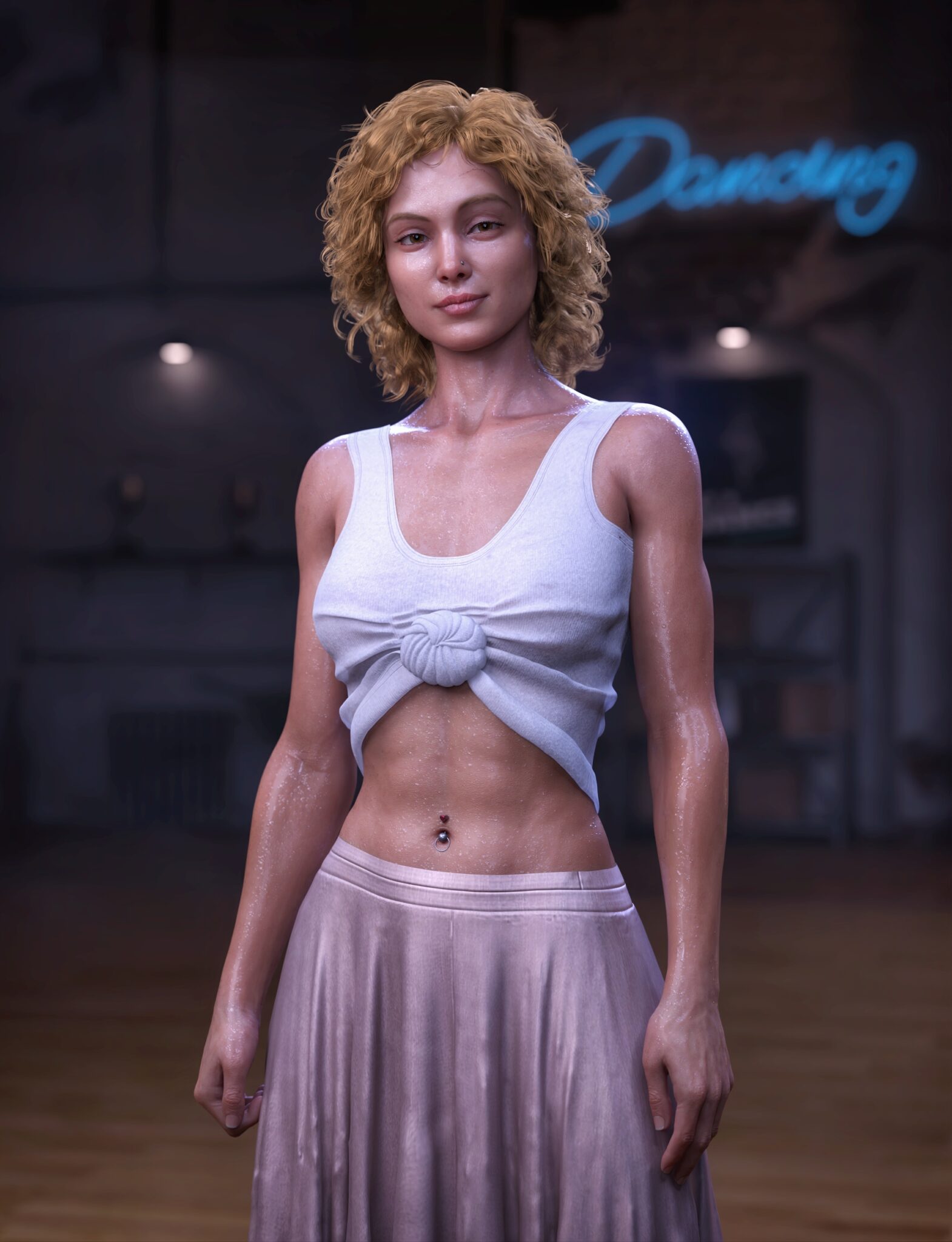 Blonde dancer wearing dForce Frances Dance Outfit in softly lit studio