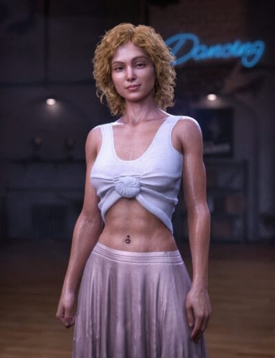 6 Months In: Common Genesis 9 Rendering Challenges & Solutions 7 Blonde dancer wearing dForce Frances Dance Outfit in softly lit studio