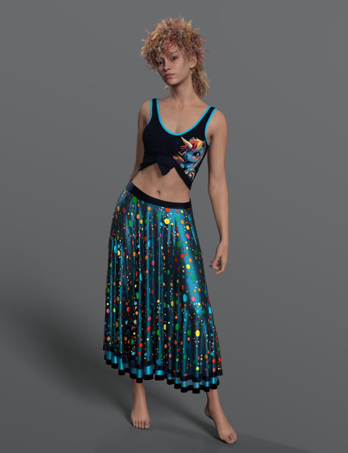 Dirty Dancing Inspired Outfit for Genesis 8 & 9 Females 7 Barefoot model wearing fantasy dragon crop top and galaxy print skirt
