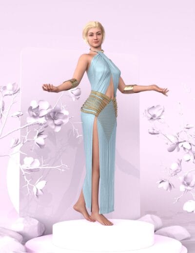 Blonde Genesis 9 model in blue Hera Goddess Dress on floral pedestal