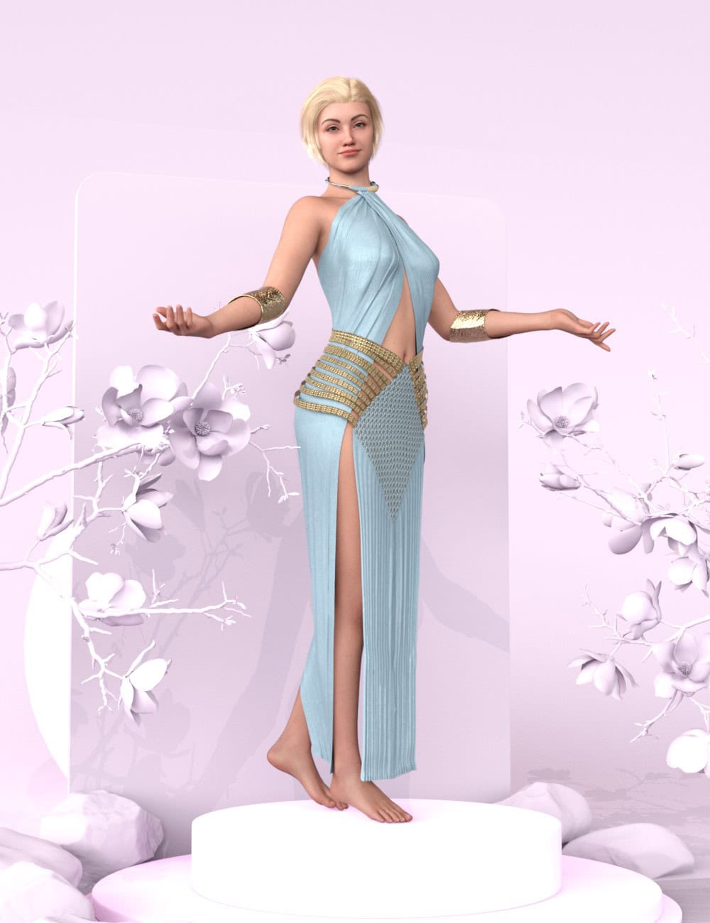 dForce Hera for Genesis 9 1 Blonde Genesis 9 model in blue Hera Goddess Dress on floral pedestal