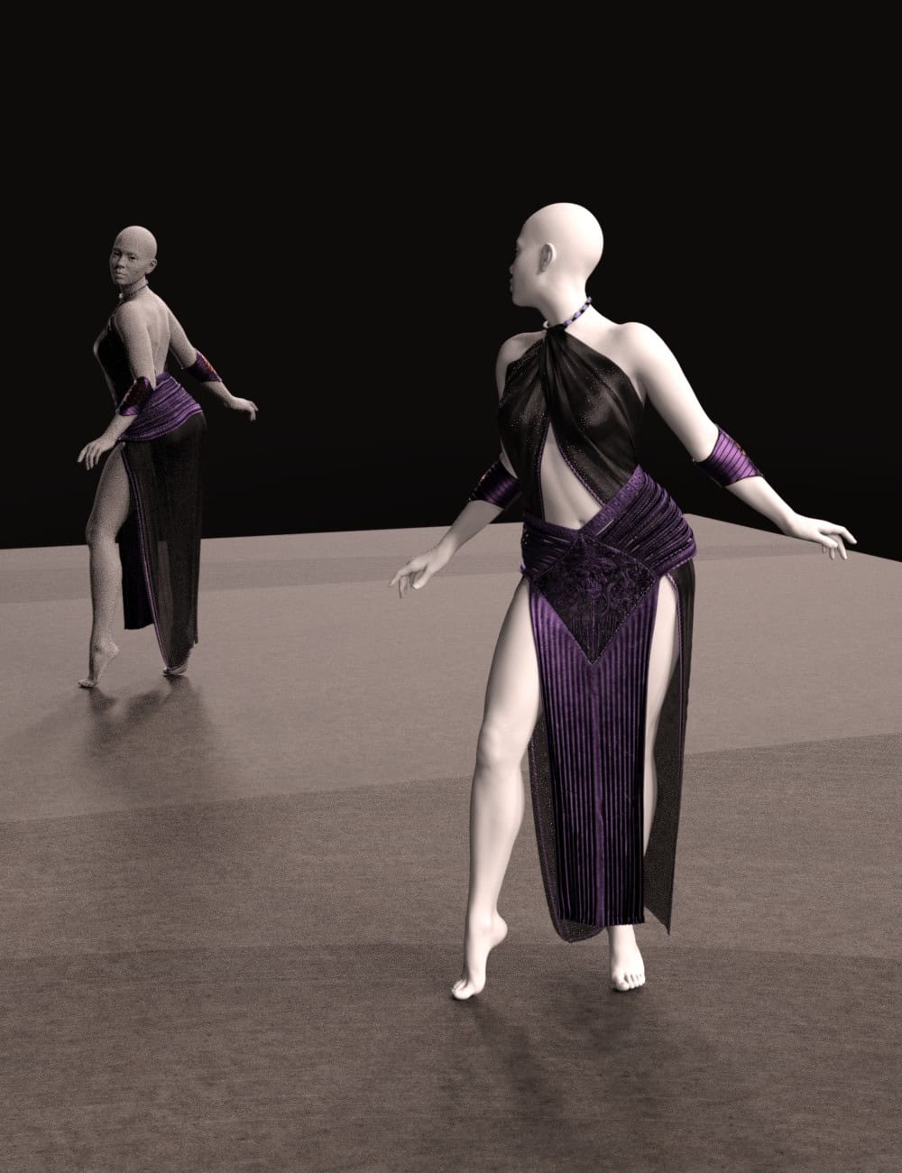 dForce Hera for Genesis 9 6 Two Genesis 9 figures in dark purple dForce Hera draped futuristic outfits.