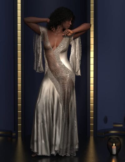 Genesis 9 silver Eislady gown with sheer cape sleeves and navy gold backdrop