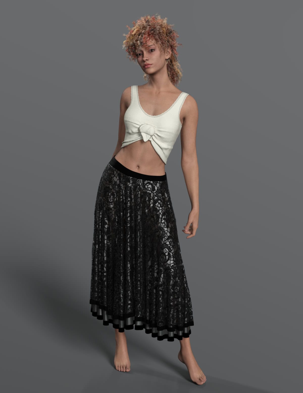 Dirty Dancing Inspired Outfit for Genesis 8 & 9 Females 5 Barefoot woman in white knotted crop top and black lace maxi skirt