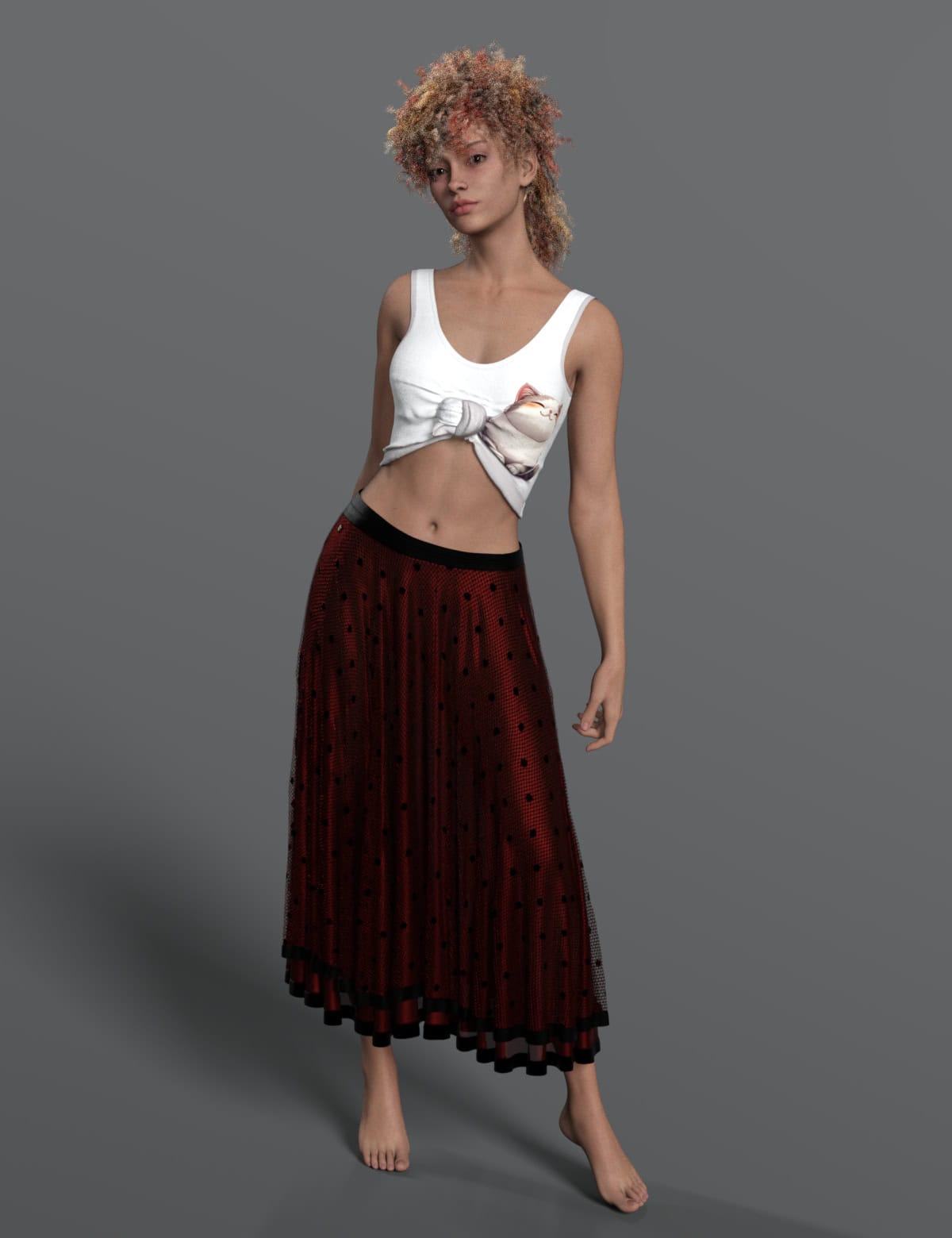 Dirty Dancing Inspired Outfit for Genesis 8 & 9 Females 6 Barefoot woman in white cat crop top and burgundy maxi skirt