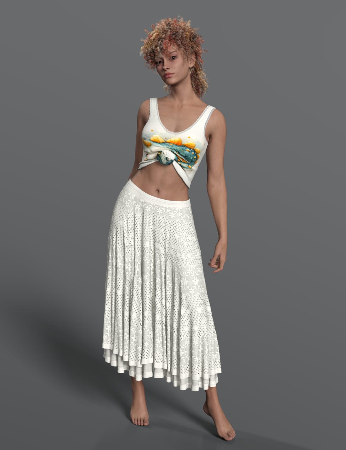 Dirty Dancing Inspired Outfit for Genesis 8 & 9 Females 4 Boho summer outfit with knotted white crop top and eyelet maxi skirt