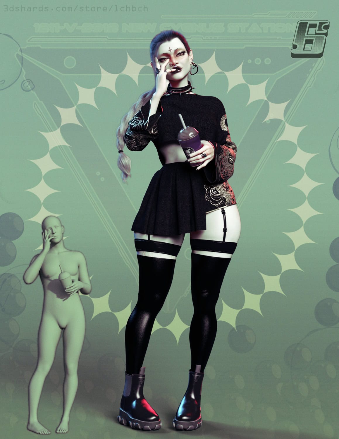 Tea Time Poses & Props for G9 8 Cyberpunk 3D woman in black outfit holding drink beside gray mannequin.