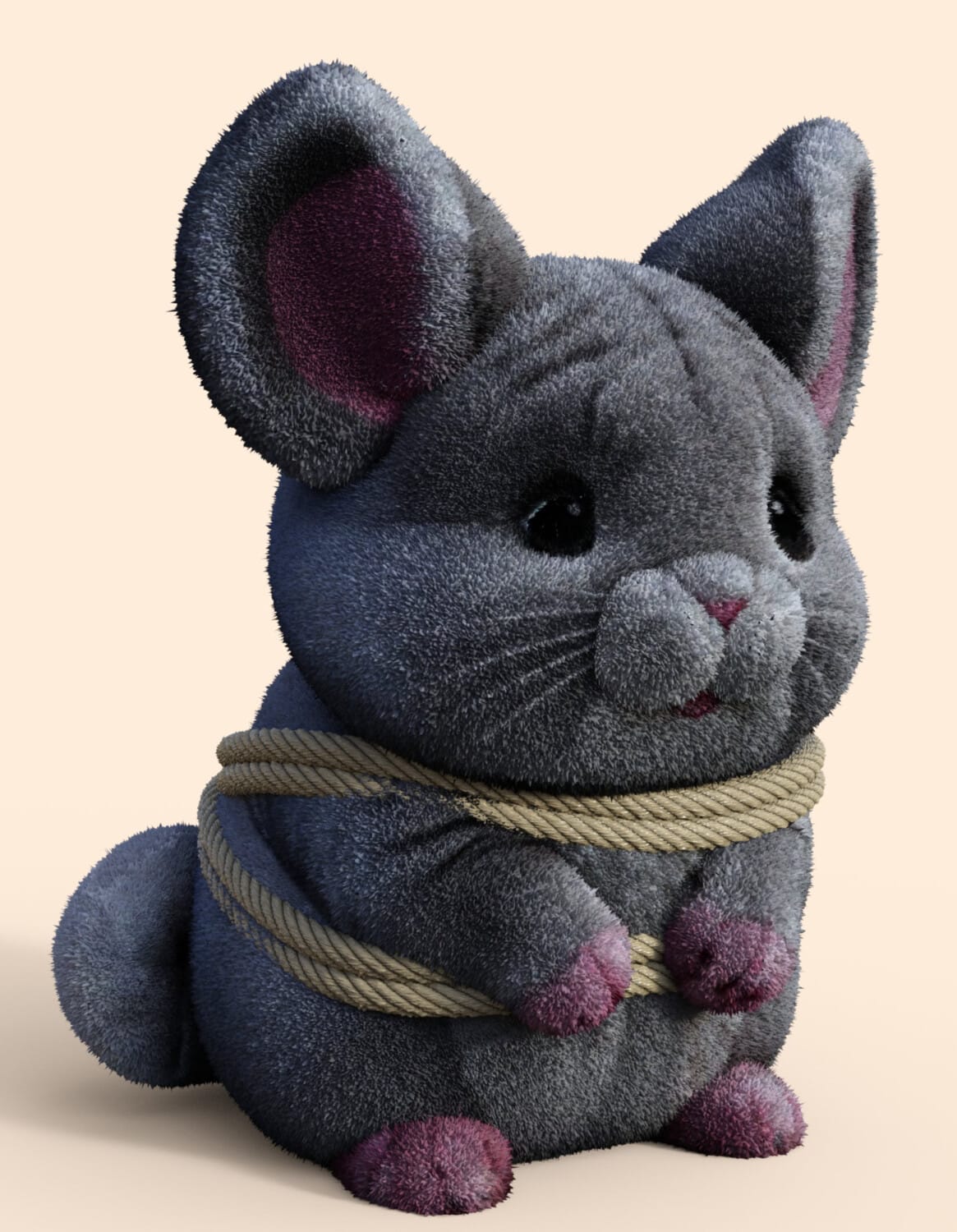 Cute gray plush mouse wrapped in tan rope, 3D character portrait