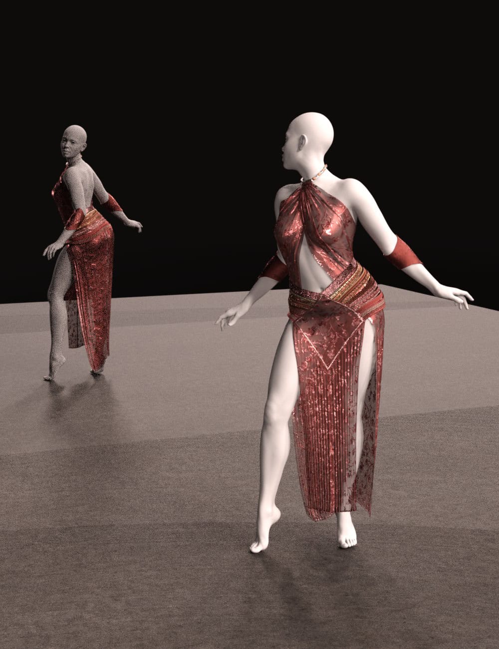 dForce Hera for Genesis 9 4 Genesis 9 mannequins in shimmering red Hera dForce dresses posing against dark studio backdrop