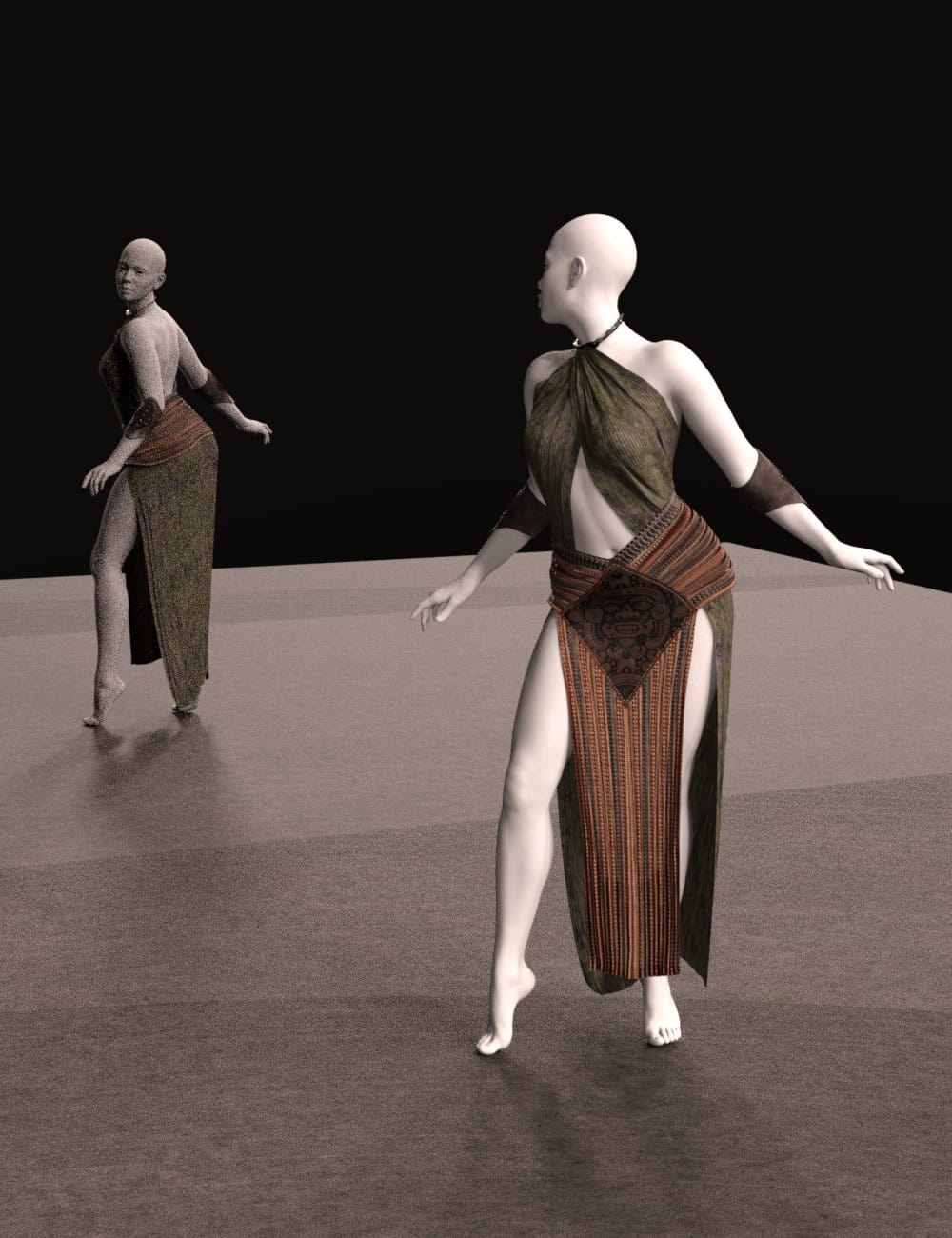 dForce Hera for Genesis 9 5 Two bald mannequin dancers in tribal-inspired dresses on a minimalist stage